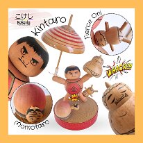Kokeshi Toys: Momotaro and Kintaro battle of the Oni (Ogres)